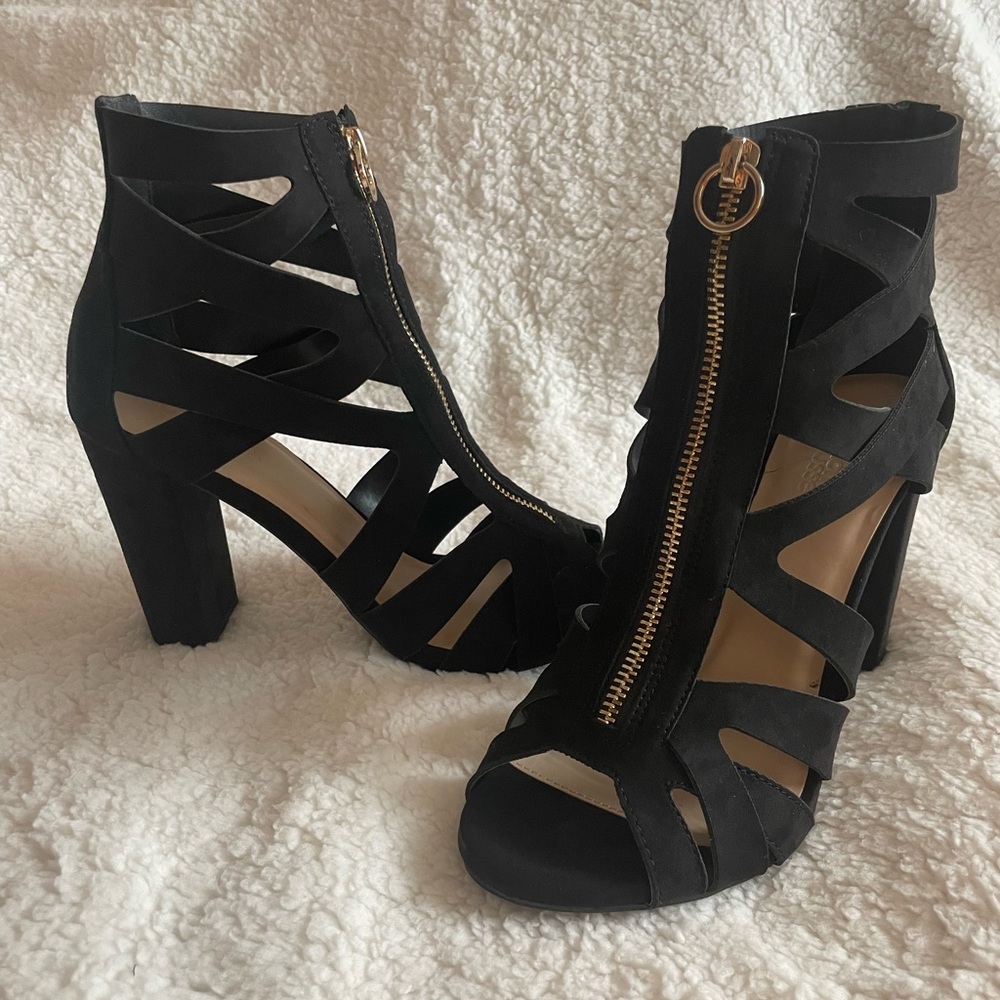 Black Faux Suede Cage Heels